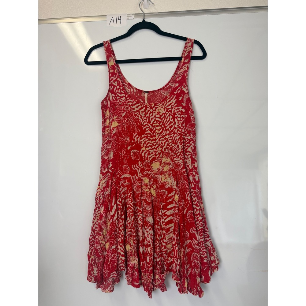 Free People Red Abstract Shell Print Ruffle Mini Dress Sleeveless Rayon XS